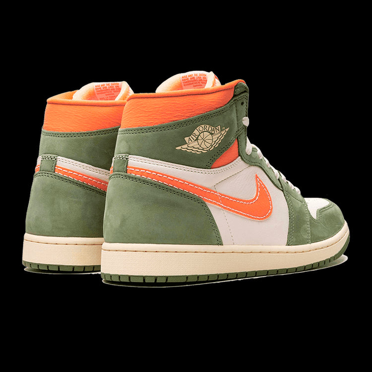 Exclusieve Air Jordan 1 High OG Craft Celadon sneakers op effen groene achtergrond