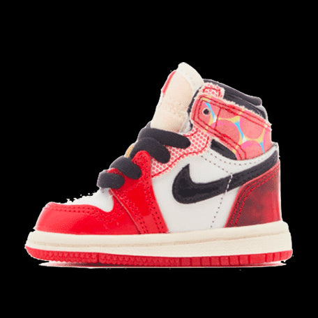 Rode en witte Nike Air Jordan 1 High OG Spider-Man sneakers voor baby's, met gedetailleerde Spider-Man-accenten en opvallende kleurvlakken.