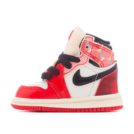 Rode en witte Nike Air Jordan 1 High OG Spider-Man sneakers voor baby's, met gedetailleerde Spider-Man-accenten en opvallende kleurvlakken.