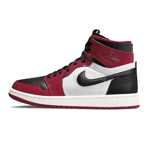 Exclusieve Air Jordan 1 High Zoom CMFT Patent Red sneakers op donkergroene achtergrond