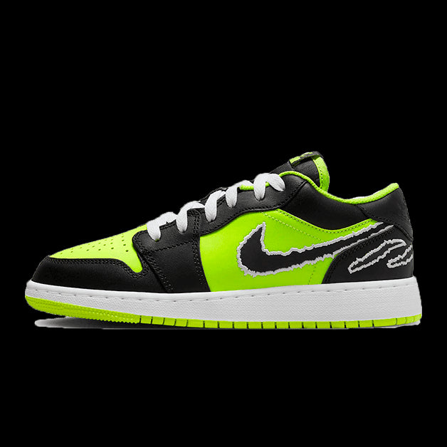 Sneakers Nike Air Jordan 1 Low Black Cat in een fel fluorescerend groen en zwart kleurenschema op een effen groene achtergrond. Deze retrostijl sneakers tonen een opvallende kleurencombinatie met een stijlvolle look en premium materialen.