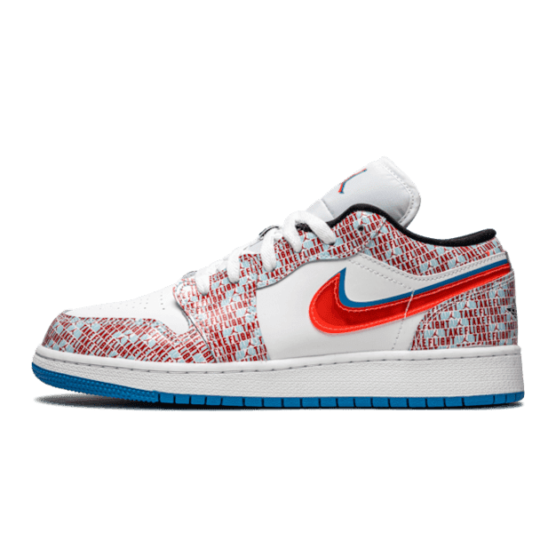 Comfortabele Air Jordan 1 Low SE Take Flight sneakers van Nike in een opvallend rood, wit en blauw kleurenpalet