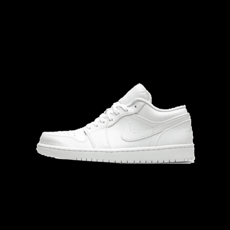 Klassieke witte Nike Air Jordan 1 Low sneakers met een effen, gestroomlijnde look voor een tijdloze en elegante stijl.