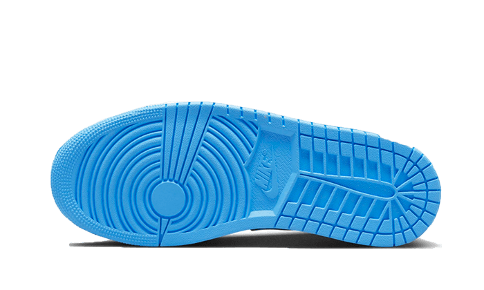 Blauwe Air Jordan 1 Low University sneakers met rubberen zool en opvallende reliëf details.