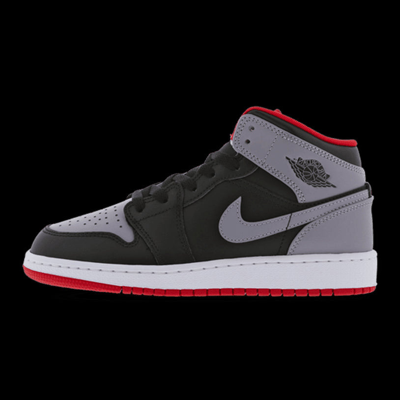 Grijze en zwarte Nike Air Jordan 1 Mid sneakers met rode accenten