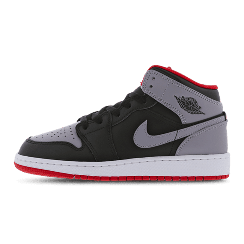 Grijze en zwarte Nike Air Jordan 1 Mid sneakers met rode accenten