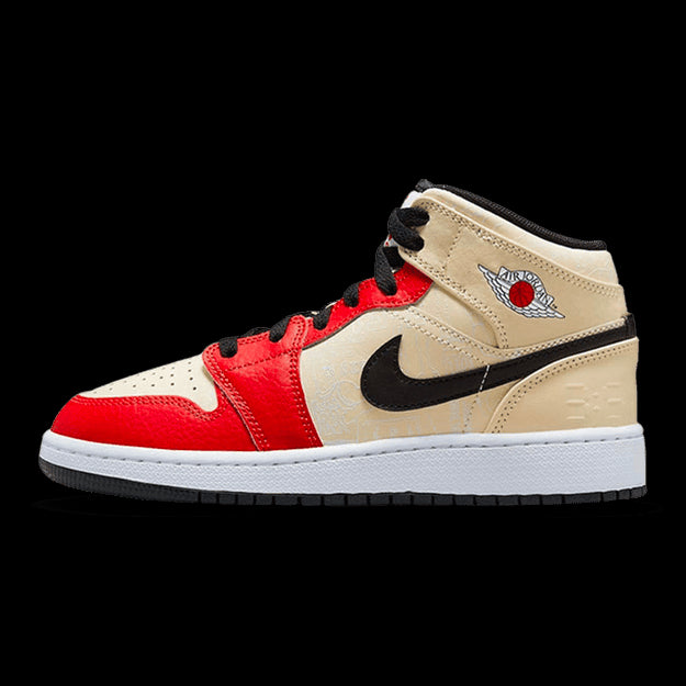 Exclusieve Air Jordan 1 Mid Dunk Contest sneakers in een opvallende kleurencombinatie van beige, rood en zwart. Deze premium Nike sneakers hebben een klassieke basketbalstijl en zijn voorzien van detail-accentjes zoals het Jumpman-logo.