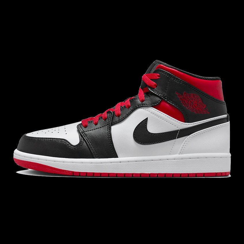 Exclusive Nike Air Jordan 1 Mid-top sneakers in een klassiek rood-zwart-wit kleurenschema, perfect voor modebewuste stijl.