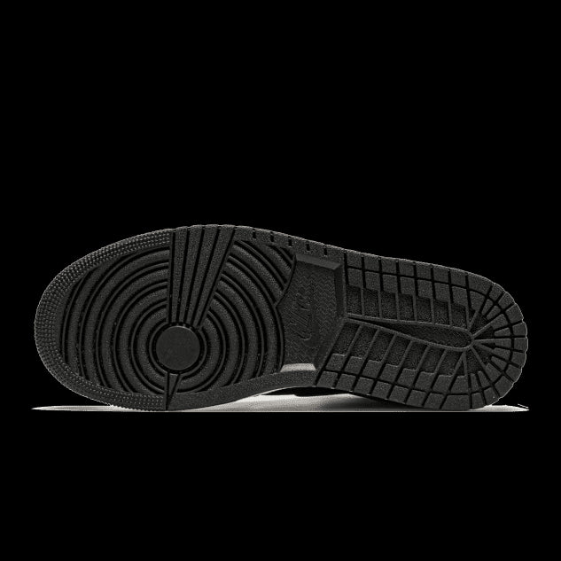 Zwarte lederen Air Jordan 1 Mid Hyper Royal sneakers met een geribbeld en gestructureerd profiel op de zool.