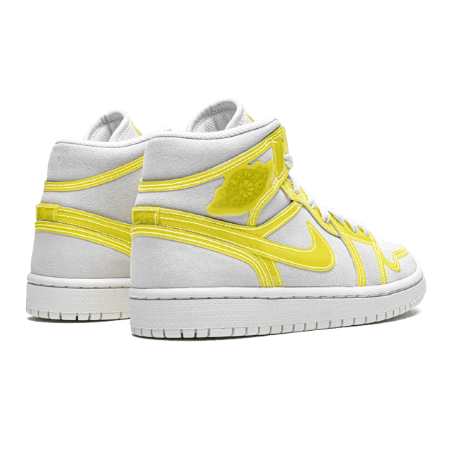 Opvallende Nike Air Jordan 1 Mid LX sneakers in een frisse optische geel kleur, geplaatst op een groene achtergrond.