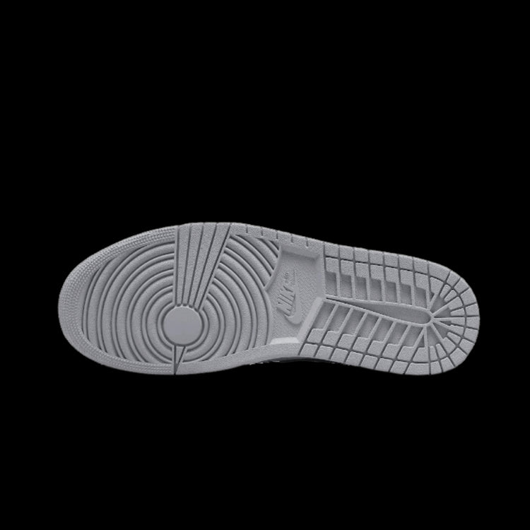 Lichtgrijze en antraciet Nike Air Jordan 1 Mid sneaker met een verhoogd rubberen profiel op Sole Central, de ultieme bestemming voor exclusieve sneakers.