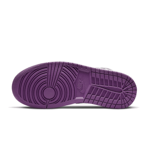 Paarse Air Jordan 1 Mid sneakers met gedetailleerd reliëf op de zool