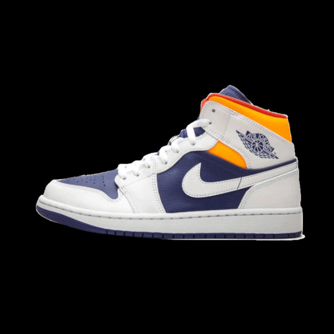 Exclusieve Nike Air Jordan 1 Mid sneakers in wit, diepblauw en oranje