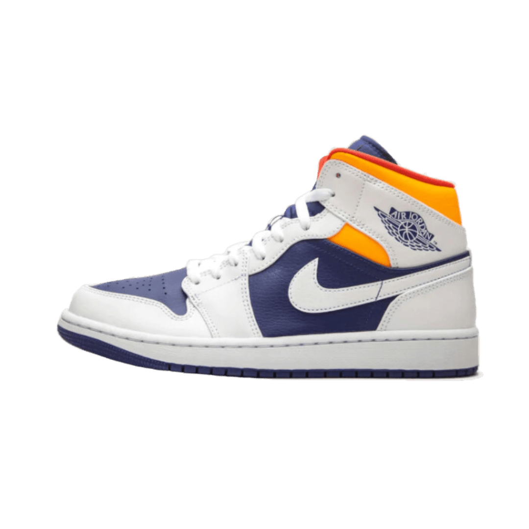 Exclusieve Nike Air Jordan 1 Mid sneakers in wit, diepblauw en oranje