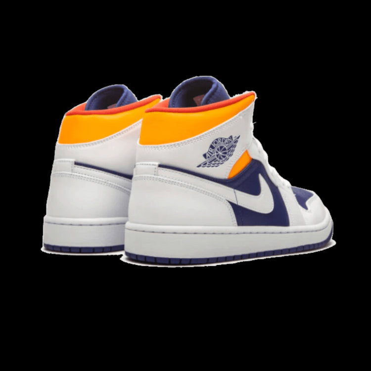 Witte leren sneakers met oranje en blauwe accenten - Air Jordan 1 Mid 'White Laser Orange Deep Royal Blue'