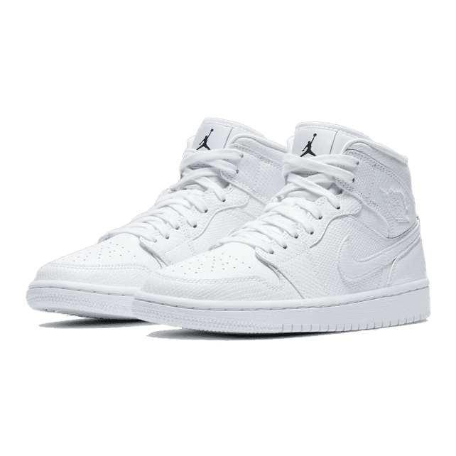 Witte Jordan 1 Mid Snakeskin-sneakers, trendy basketbalschoenen met slangenprint-effect