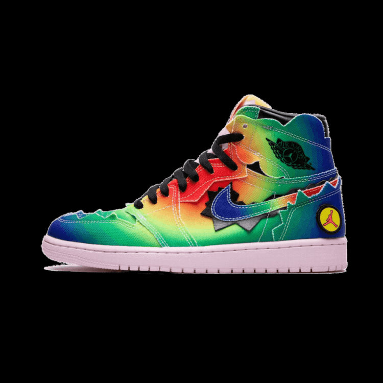 Kleurrijke Nike Air Jordan 1 Retro High J. Balvin sneakers in het midden van de afbeelding
