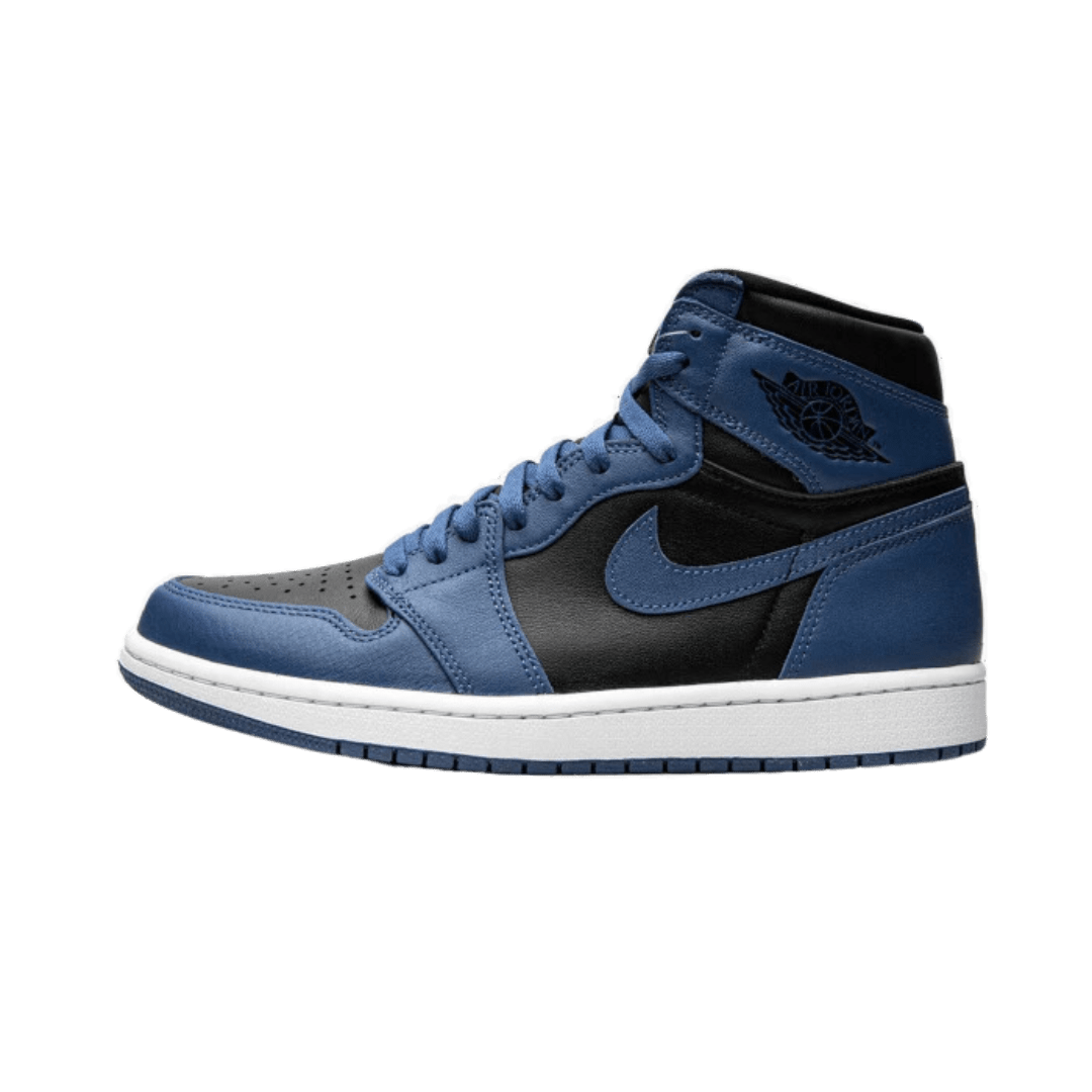 Exclusieve Nike Air Jordan 1 Retro High OG Dark Marina Blue sneakers tegen een eenvoudige groene achtergrond