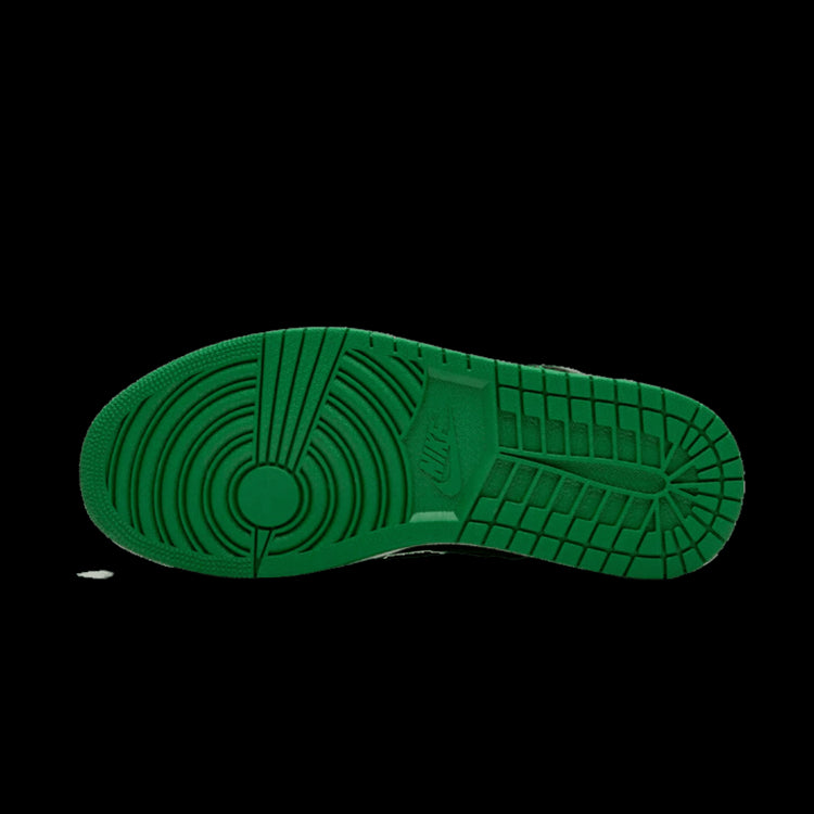 Groen met zwart lederen sneakers met opvallende rubberen zool, element van Nike Air Jordan 1 Retro High OG Pine Green Black model
