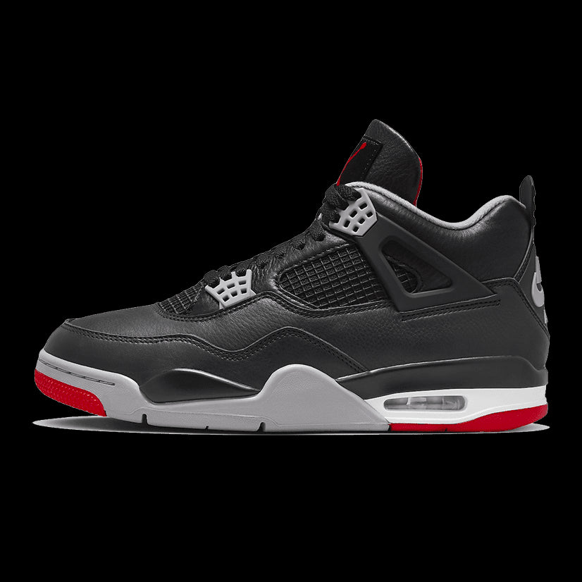 Exclusieve Nike Air Jordan 4 Retro Bred Reimagined sneakers met zwart-rode kleuraccenten en opvallende textuur. Ontworpen voor de moderne fashionista die zijn stijl wil upgraden.