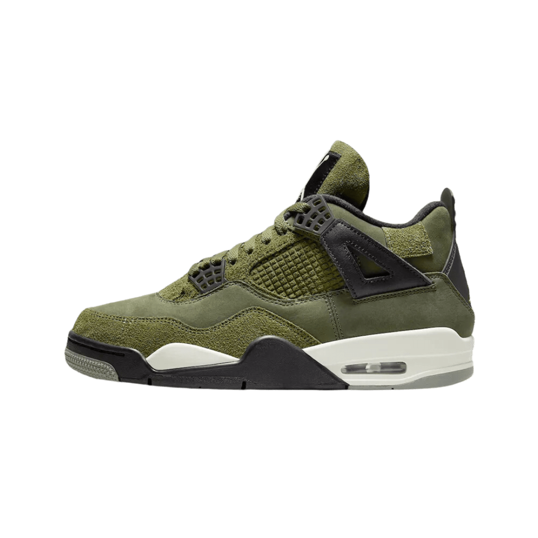 Olive groene Air Jordan 4 Retro SE Craft sneakers op witte achtergrond
