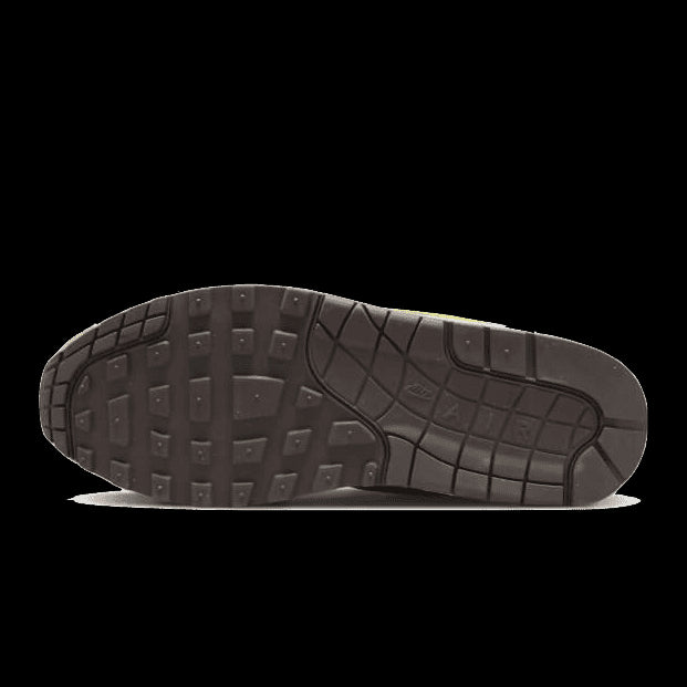 Donkergekleurde Nike Air Max 1-sneaker met opvallend rubberen zool voor optimale grip en demping