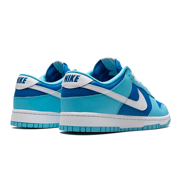 Blauwe Nike Dunk Low Argon sneakers geplaatst op een groene achtergrond. Deze stijlvolle sportieve schoenen hebben een modern ontwerp met blauwe, witte en turquoise accenten.
