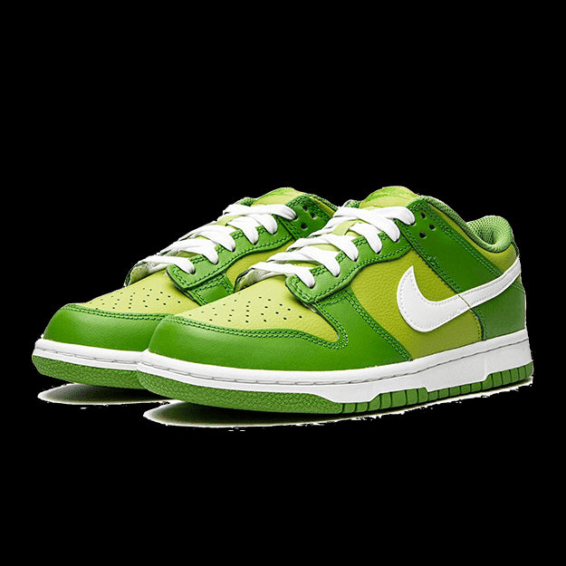 Groene Nike Dunk Low Chlorophyll sneakers op groene achtergrond. Deze sportieve schoenen hebben een opvallend groen en wit ontwerp met contrasterende texturen voor een opvallende look. Ze zijn perfect voor wie zoekt naar een modieus en duurzaam paar sneakers.