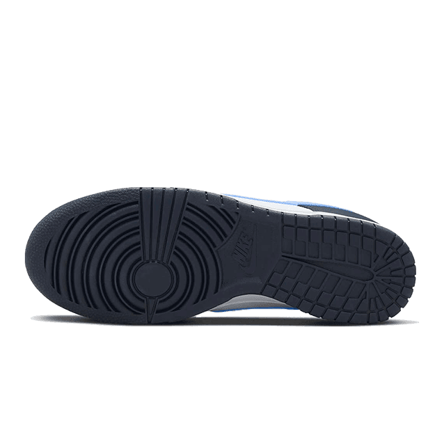 Zwart-blauwe Nike Dunk Low sneakers met middennavy en lichtblauwe kleuren tegen een groene achtergrond