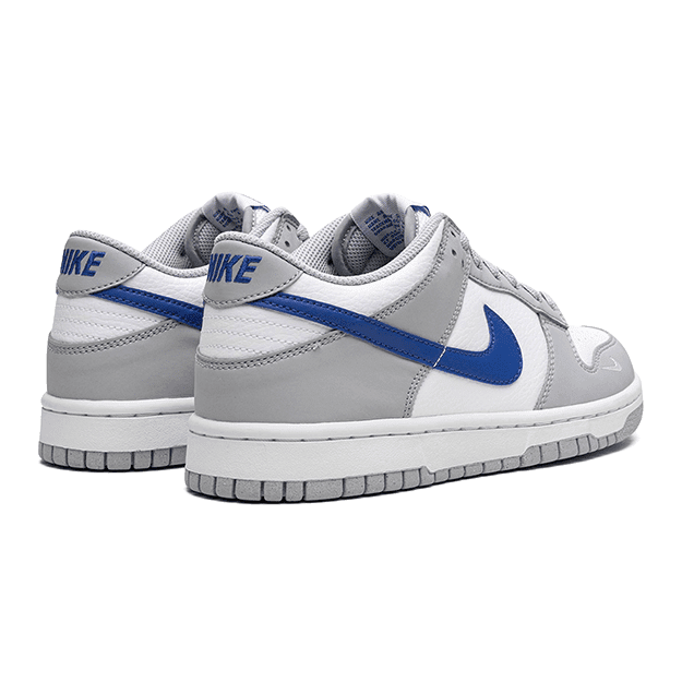 Grijze Nike Dunk Low Mini Swoosh sneakers met blauwe accenten op een groene achtergrond