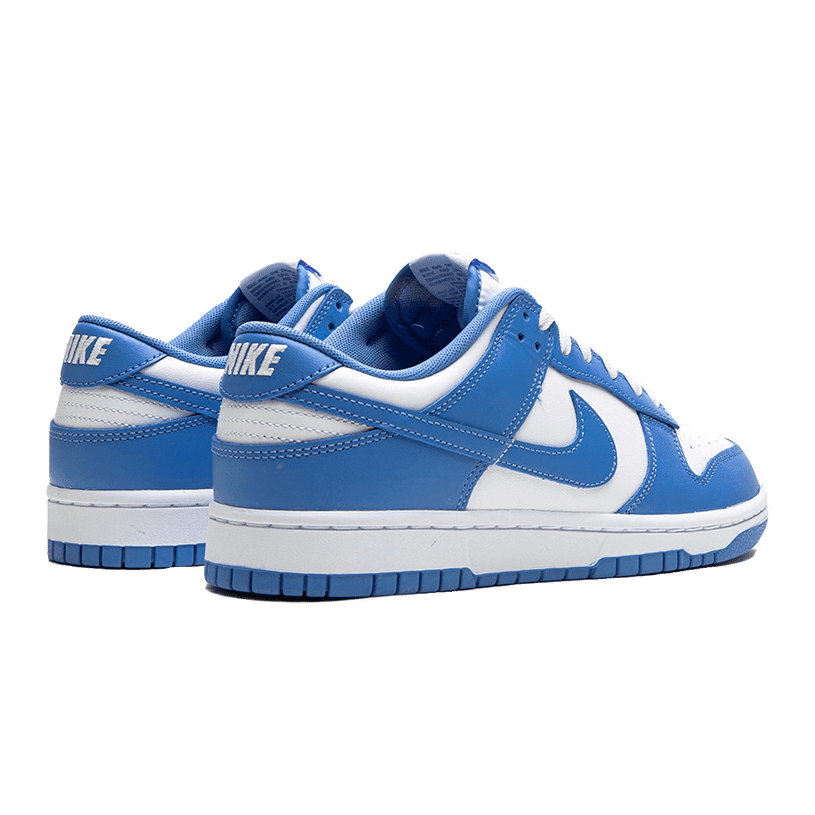 Elegant Nike Dunk Low Polar Blue sneakers in blauw en wit op een groene achtergrond. Deze trendy sportschoenen hebben een opvallend blauwe kleur en kenmerken zich door het bekende Nike-logo.