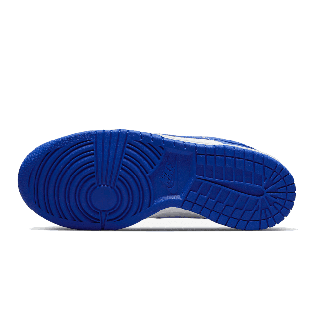 Blauwe Nike Dunk Low sneakers met een opvallend raceblauwe rubberen zool en een modern, strak ontwerp.