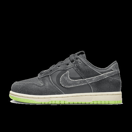 Grijze Nike Dunk Low Swoosh Shadow Iron sneakers voor kinderen op donkergroene achtergrond. De sneakers hebben opvallende Nike Swoosh-insignes en een comfortabele, duurzame constructie.