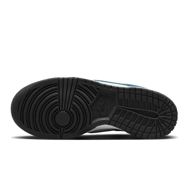 Nike Dunk Low sneakers in wit, blauw en zwart op een groene achtergrond