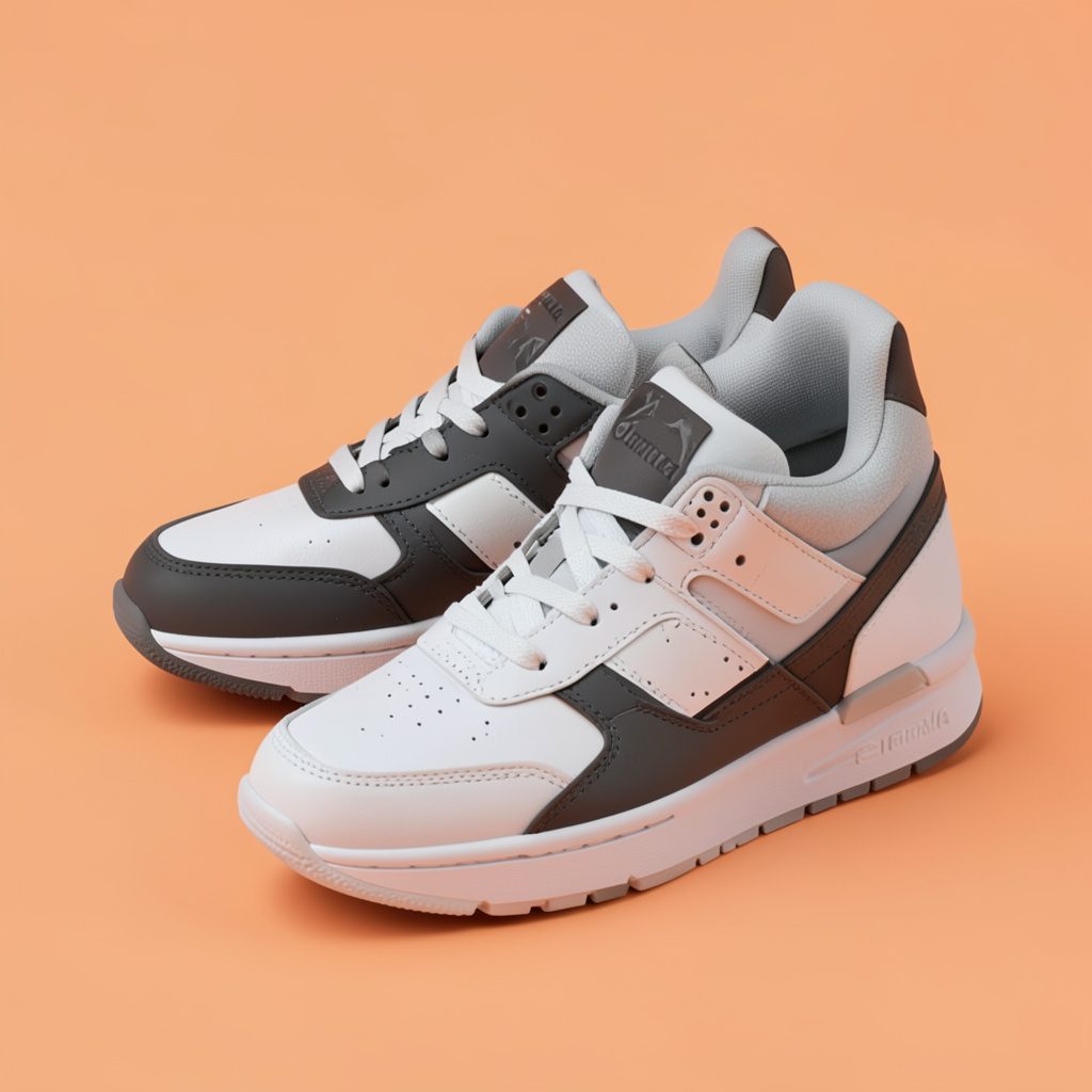 Isometrische 3D-render van een zwart-witte sneakers op een zachte plumkleurige achtergrond, strak en modern van sfeer