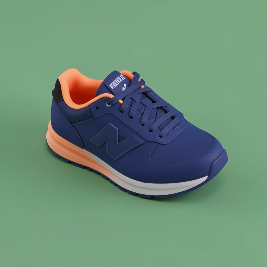 Isometrische 3D-render van een paar marineblauwe sneakers op een zachte groene achtergrond, in een rustige, stijlvolle sfeer.