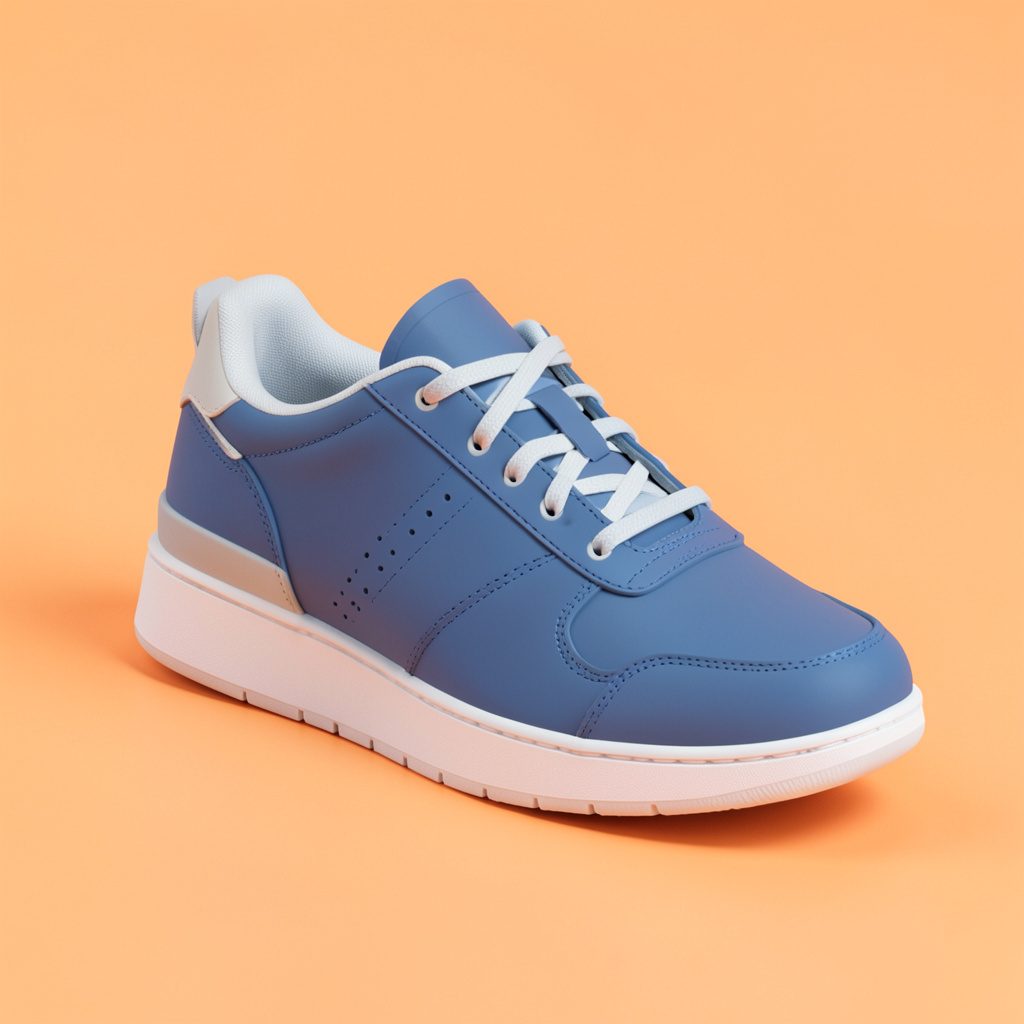 Isometrische 3D-render van marineblauwe en witte sneakers op een zachte roze ondergrond, in een moderne, stijlvolle sfeer.