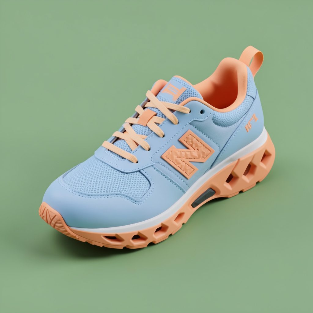Isometrische 3D-render van sneakers in een blauwe decemberlucht-tint op een groene ondergrond, met een kalme, sfeervolle uitstraling.