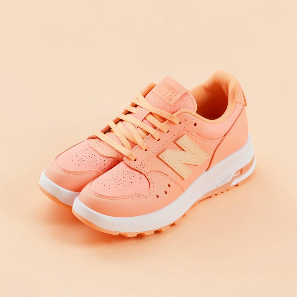 Sneaker in zeezout en roze tinten, warm uitgelicht in een sfeervolle productopstelling