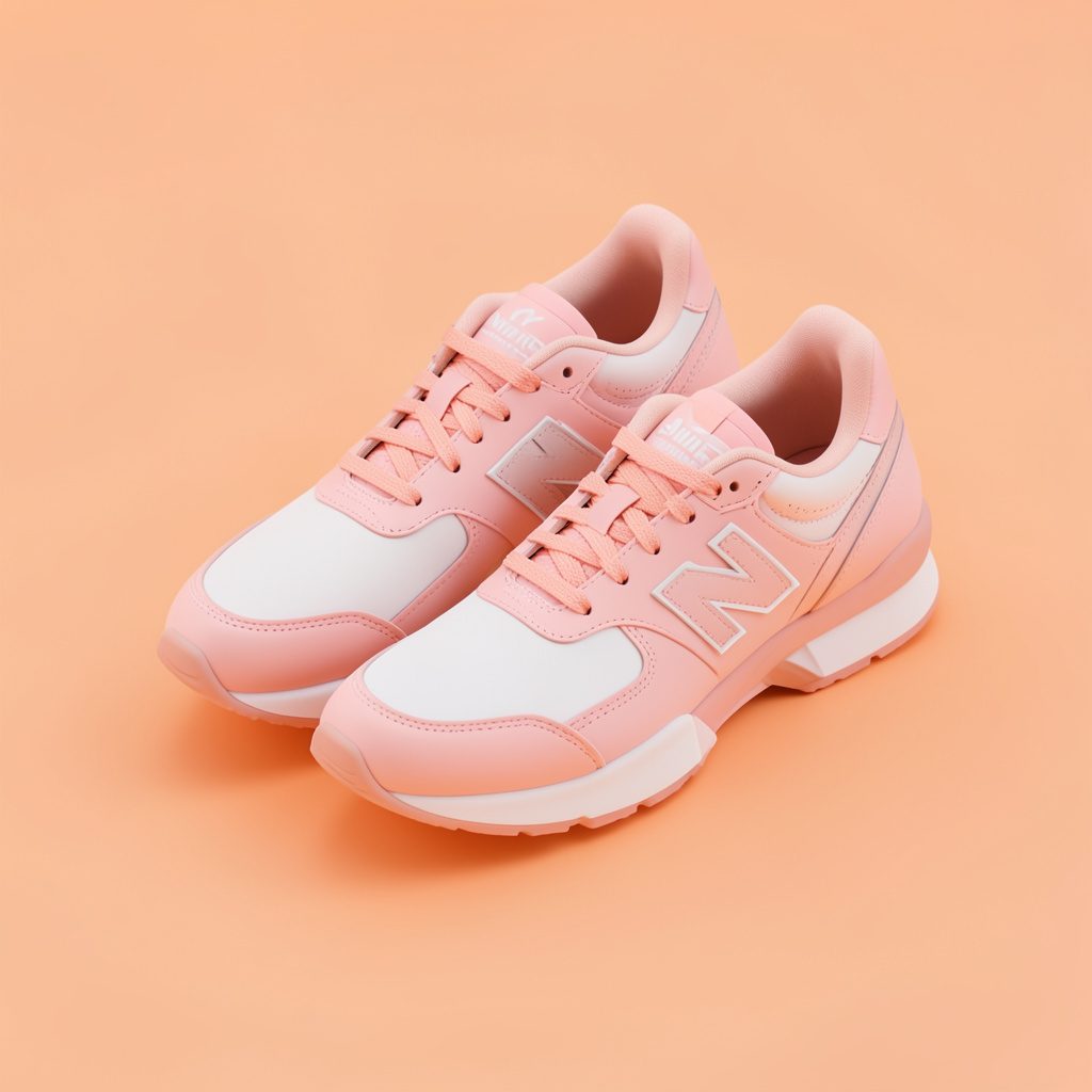 Stijlvolle sneakers in zacht zeezout en roze tinten, gefotografeerd in warm studiolicht tegen een neutrale achtergrond