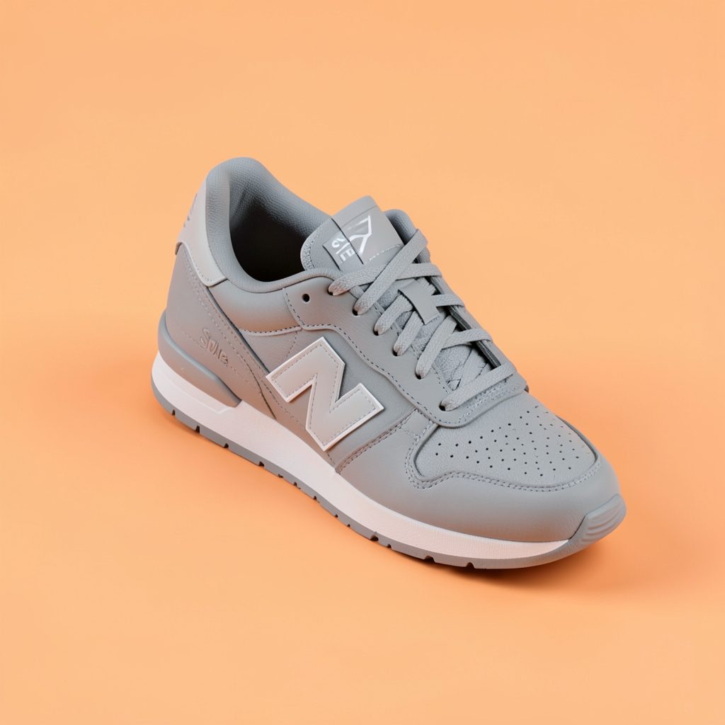 Isometrische 3D-render van een grijze sneakers met klassiek ontwerp op een warme crèmebehindgrond, rustige premium sfeer