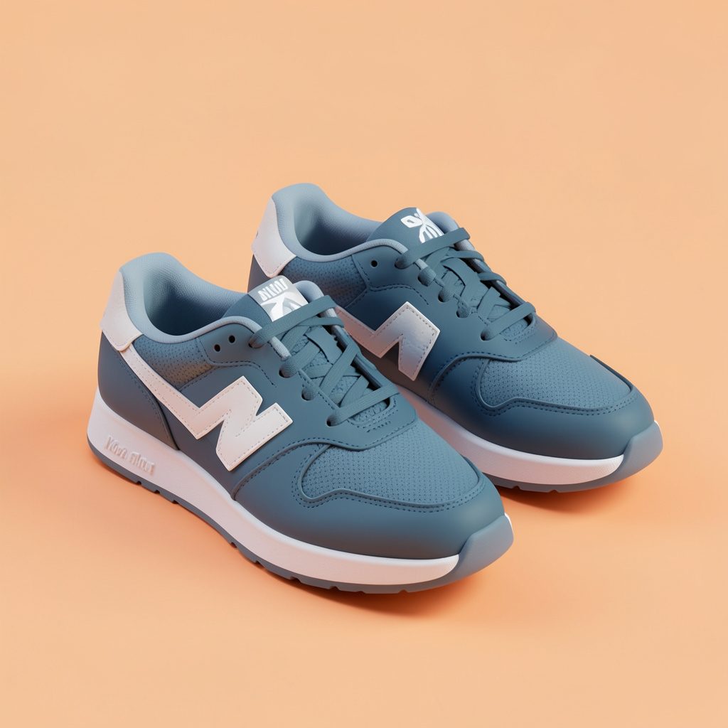 Isometrische 3D-render van een marineblauw-witte sneaker in een rustige, monochrome sfeer die past bij de sfeer van de collectie