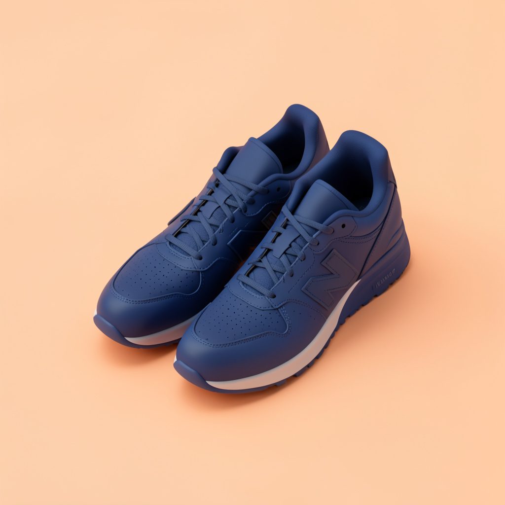Marineblauwe sneaker met lichte accenten, rustig uitgelicht