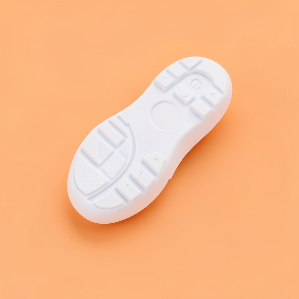 Isometrische 3D-render van sneakers in zachte zee-zout witte tint op een lichte beige ondergrond, met een rustige en cleane uitstraling.